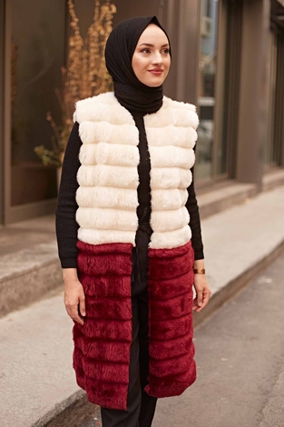 Plush Vest 2144-8 Ecru - Burgundy - Thumbnail