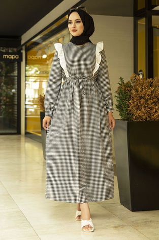Pötikare Fırfır Detaylı Tesettür Elbise 100MD-5005 Siyah - Thumbnail