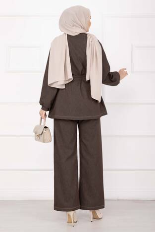 Premium Gold Düğmeli Kemerli Kot Takım Kahve - Thumbnail