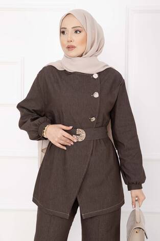 Premium Gold Düğmeli Kemerli Kot Takım Kahve - Thumbnail