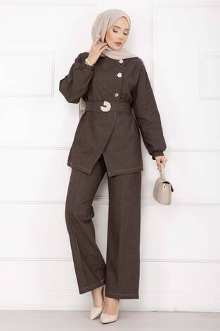Premium Gold Düğmeli Kemerli Kot Takım Kahve - Thumbnail