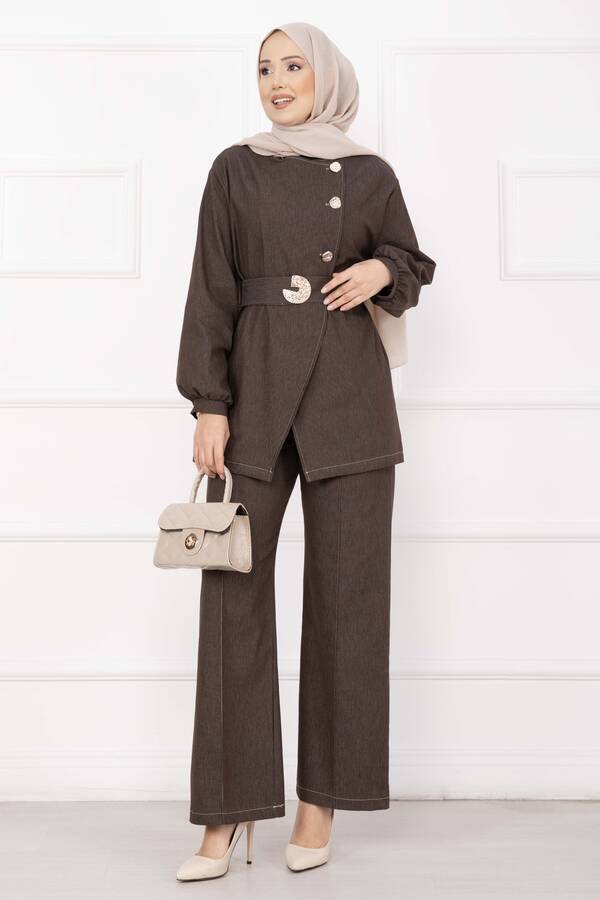 MD - Premium Gold Düğmeli Kemerli Kot Takım Kahve