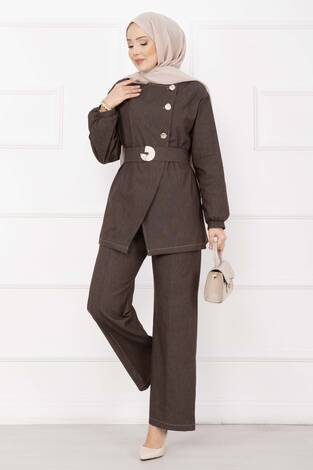 Premium Gold Düğmeli Kemerli Kot Takım Kahve - Thumbnail