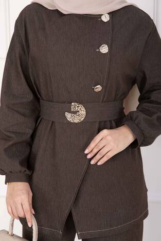 Premium Gold Düğmeli Kemerli Kot Takım Kahve - Thumbnail