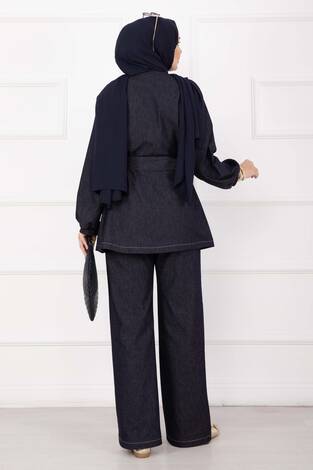 Premium Gold Düğmeli Kemerli Kot Takım Lacivert - Thumbnail