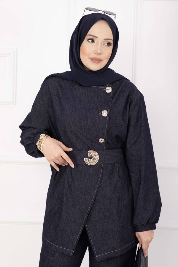 MD - Premium Gold Düğmeli Kemerli Kot Takım Lacivert (1)