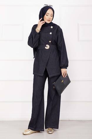 Premium Gold Düğmeli Kemerli Kot Takım Lacivert - Thumbnail