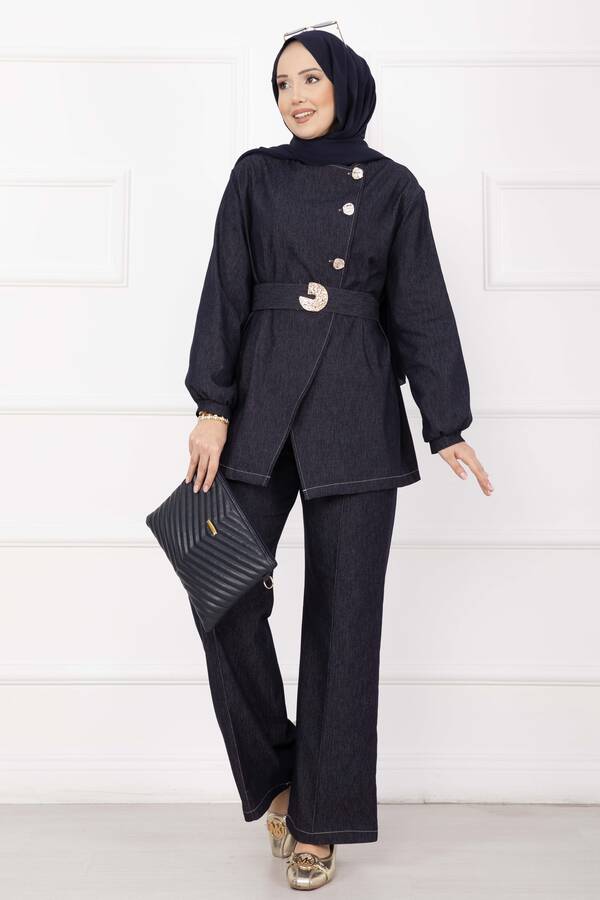 MD - Premium Gold Düğmeli Kemerli Kot Takım Lacivert