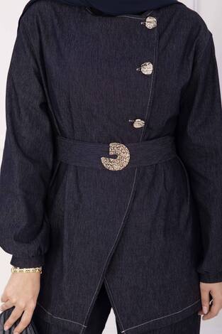 Premium Gold Düğmeli Kemerli Kot Takım Lacivert - Thumbnail