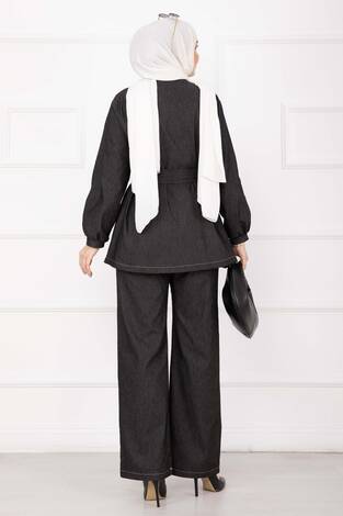 Premium Gold Düğmeli Kemerli Kot Takım Siyah - Thumbnail