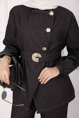 Premium Gold Düğmeli Kemerli Kot Takım Siyah - Thumbnail