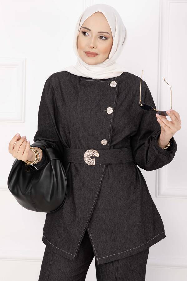 MD - Premium Gold Düğmeli Kemerli Kot Takım Siyah (1)