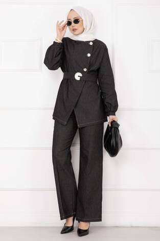 Premium Gold Düğmeli Kemerli Kot Takım Siyah - Thumbnail