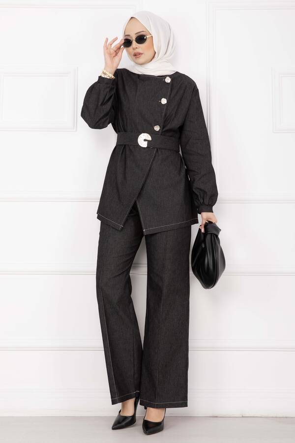 MD - Premium Gold Düğmeli Kemerli Kot Takım Siyah