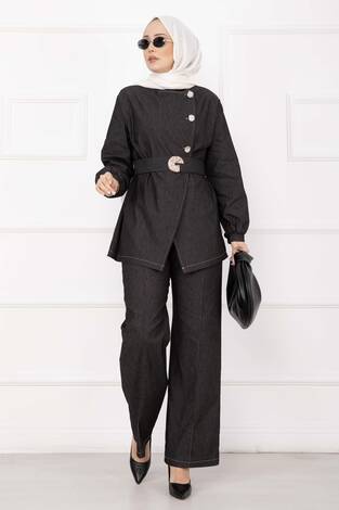 Premium Gold Düğmeli Kemerli Kot Takım Siyah - Thumbnail