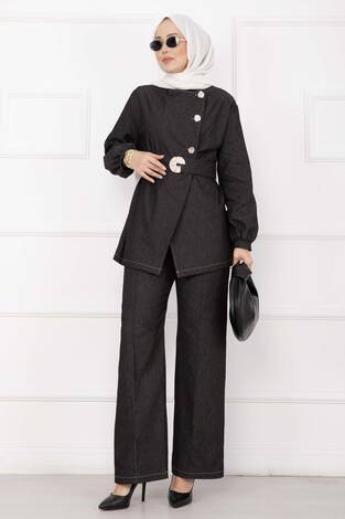 Premium Gold Düğmeli Kemerli Kot Takım Siyah - Thumbnail