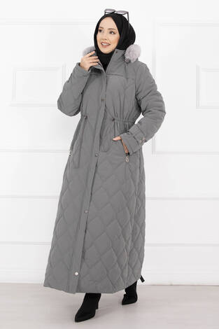 Premium Kürk Kapüşonlu Nova Kaban Füme - Thumbnail