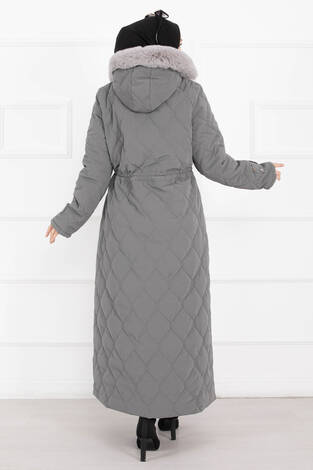 Premium Kürk Kapüşonlu Nova Kaban Füme - Thumbnail