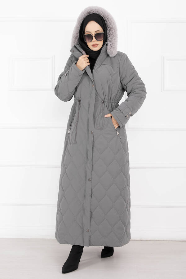 Oc - Premium Kürk Kapüşonlu Nova Kaban Füme