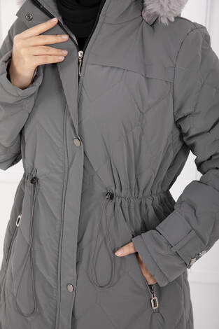 Premium Kürk Kapüşonlu Nova Kaban Füme - Thumbnail