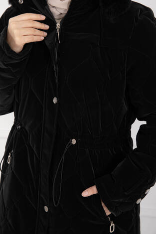 Premium Kürk Kapüşonlu Nova Kaban Siyah - Thumbnail