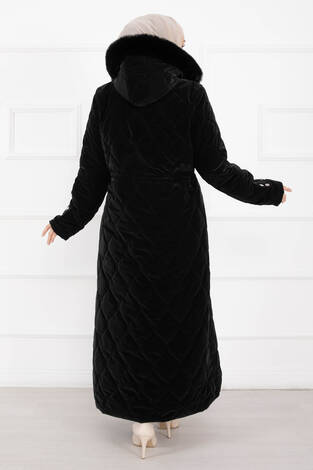 Premium Kürk Kapüşonlu Nova Kaban Siyah - Thumbnail