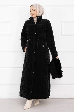 Premium Kürk Kapüşonlu Nova Kaban Siyah - Thumbnail