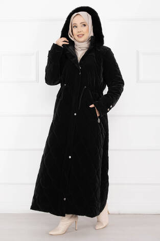 Premium Kürk Kapüşonlu Nova Kaban Siyah - Thumbnail