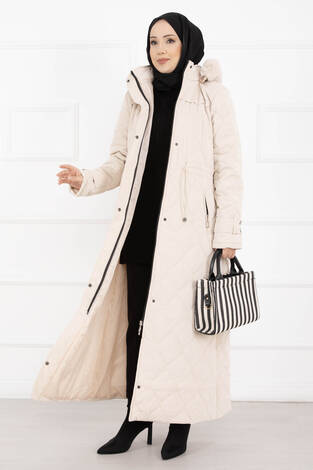 Premium Kürk Kapüşonlu Nova Kaban Taş - Thumbnail