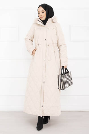 Premium Kürk Kapüşonlu Nova Kaban Taş - Thumbnail