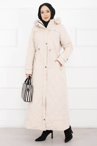 Premium Kürk Kapüşonlu Nova Kaban Taş - Thumbnail