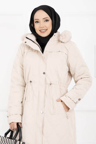 Premium Kürk Kapüşonlu Nova Kaban Taş - Thumbnail