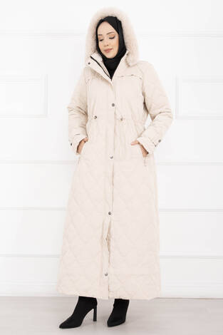 Premium Kürk Kapüşonlu Nova Kaban Taş - Thumbnail