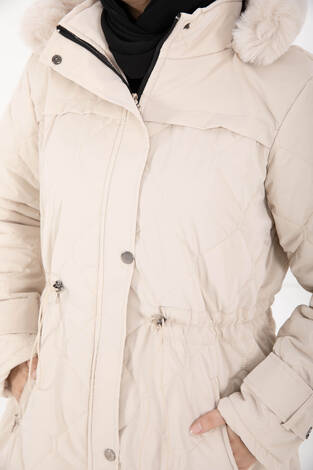 Premium Kürk Kapüşonlu Nova Kaban Taş - Thumbnail