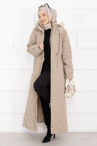 Premium Kürk Kapüşonlu Nova Kaban Vizon - Thumbnail