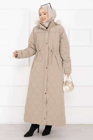 Premium Kürk Kapüşonlu Nova Kaban Vizon - Thumbnail