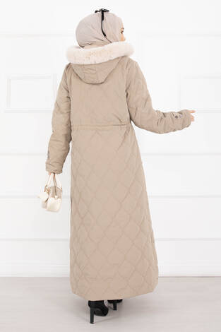 Premium Kürk Kapüşonlu Nova Kaban Vizon - Thumbnail