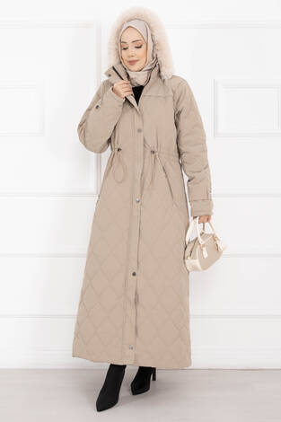 Premium Kürk Kapüşonlu Nova Kaban Vizon - Thumbnail