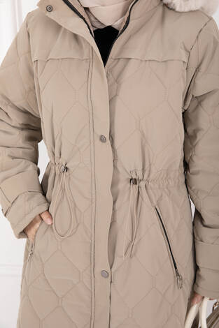 Premium Kürk Kapüşonlu Nova Kaban Vizon - Thumbnail