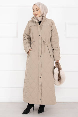 Premium Kürk Kapüşonlu Nova Kaban Vizon - Thumbnail