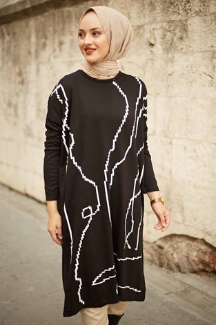 PTK Desenli Triko Tunik 1172-1 Siyah - Thumbnail