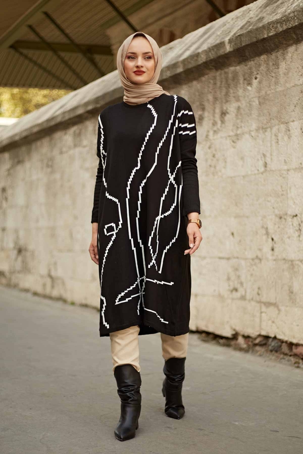  - PTK Desenli Triko Tunik 1172-1 Siyah
