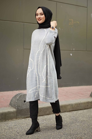 PTK Desenli Triko Tunik 1172-3 Gri - Thumbnail