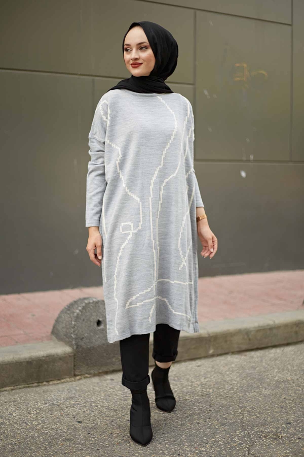 - PTK Desenli Triko Tunik 1172-3 Gri