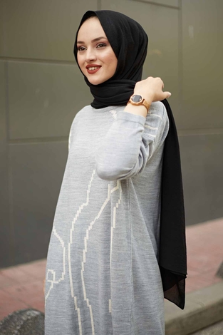 PTK Desenli Triko Tunik 1172-3 Gri - Thumbnail