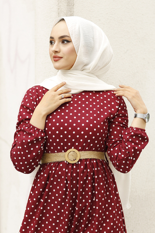 Puantiye Desenli Elbise 180SB-8733 Bordo - Thumbnail