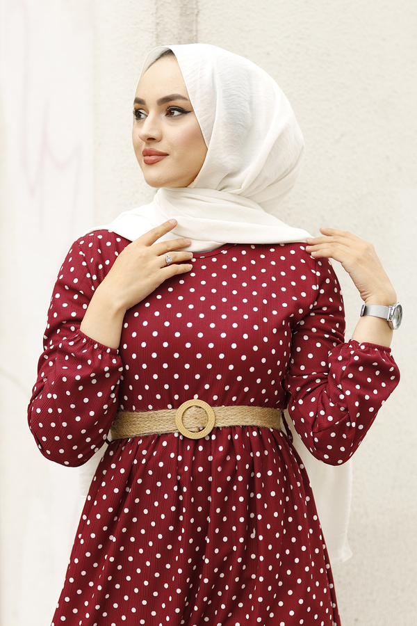 SB - Puantiye Desenli Elbise 180SB-8733 Bordo (1)