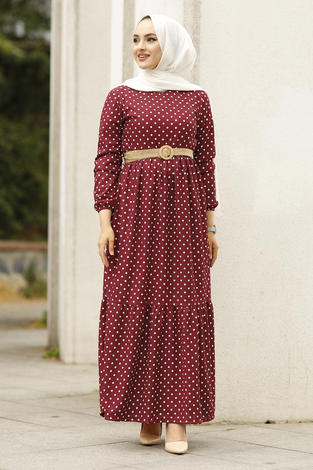 Puantiye Desenli Elbise 180SB-8733 Bordo - Thumbnail