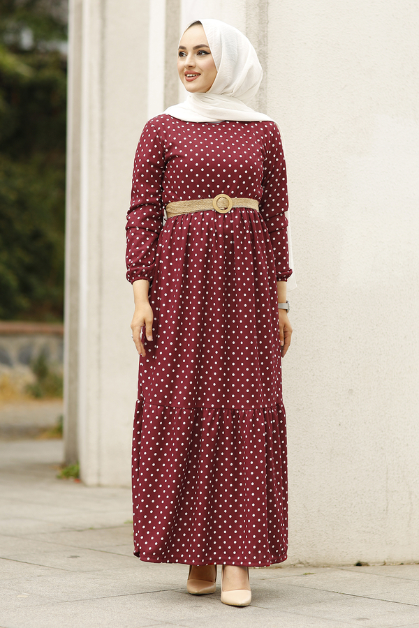 SB - Puantiye Desenli Elbise 180SB-8733 Bordo