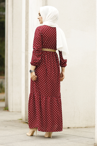 Puantiye Desenli Elbise 180SB-8733 Bordo - Thumbnail